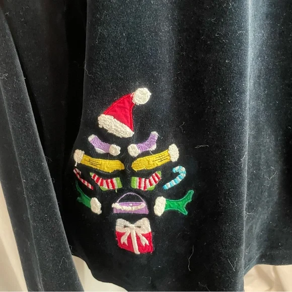 Michael Simon Lite Black Velour Christmas Tree Pullover Shirt Large Embroidered - Picture 5 of 7